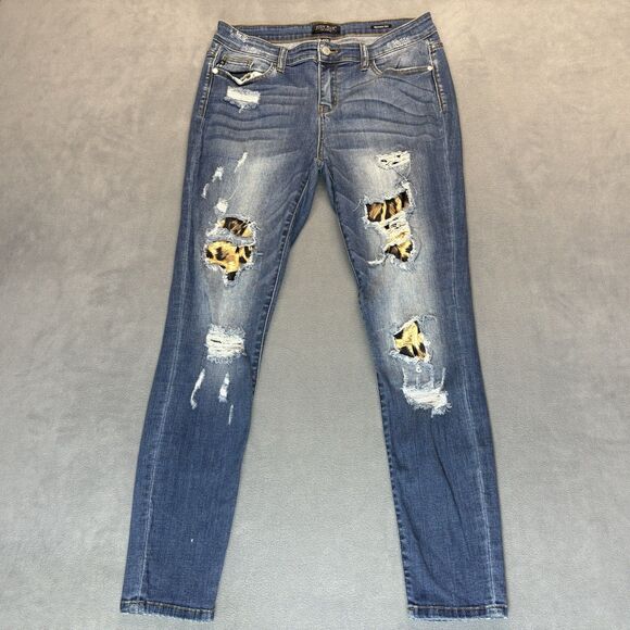 Judy Blue Jeans Womens Size 13/31 Skinny Fit Distressed Leopard Patch Mid Rise - Picture 1 of 11